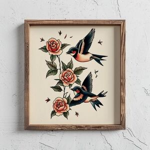 Vintage Sparrow Wall Art Decor - Floral Bird Classic Decor, Nature Print, Ready